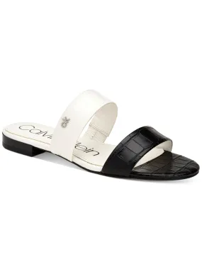 CALVIN KLEIN Womens Black Croc Two-Band Slide Comfort Logo Elliana Round Toe Block Heel Slide Sandals Shoes M