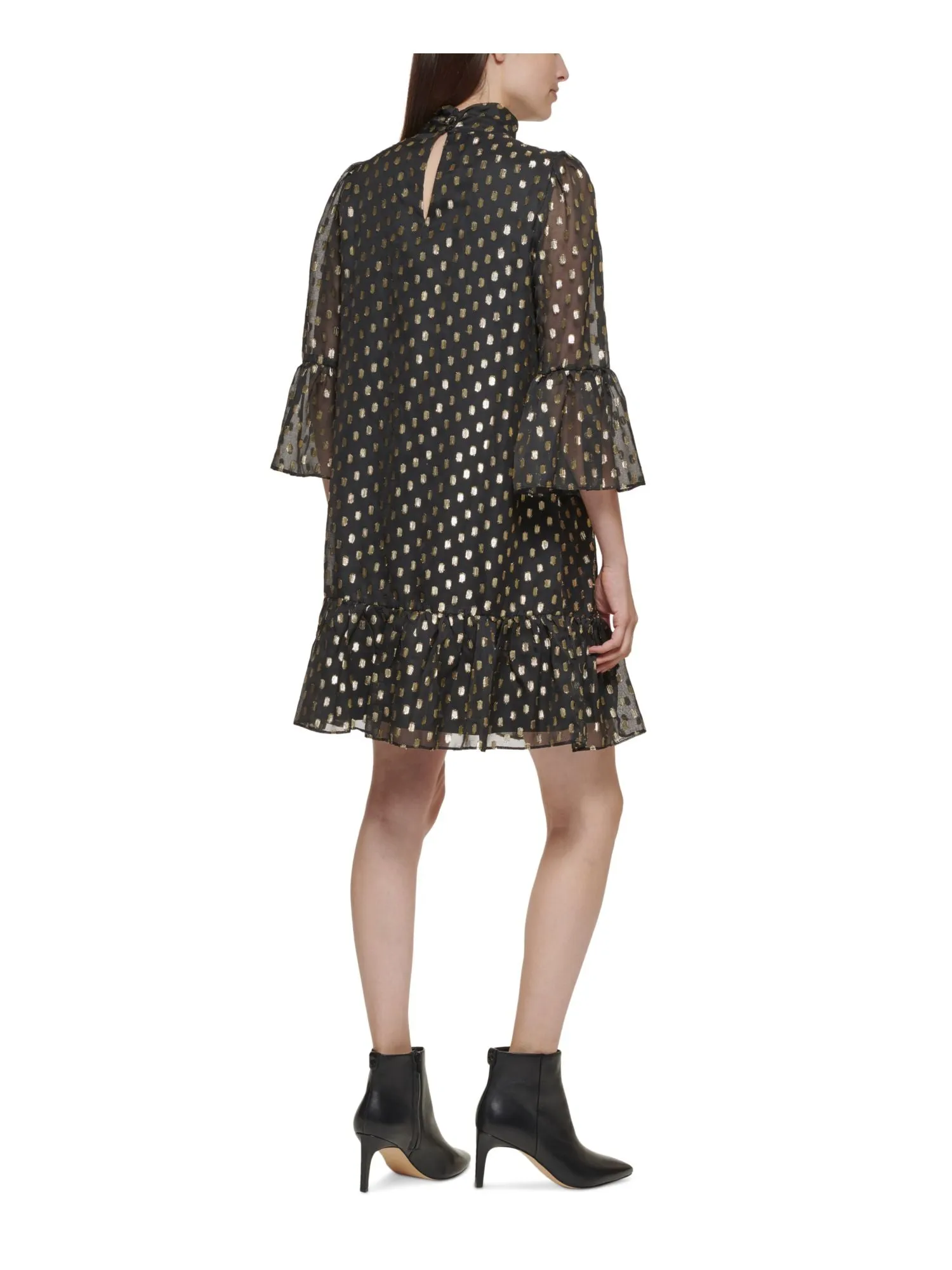 CALVIN KLEIN Womens Black Lined Sheer Tie Ruffled Keyhole Back Polka Dot Bell Sleeve Mock Neck Above The Knee Shift Dress