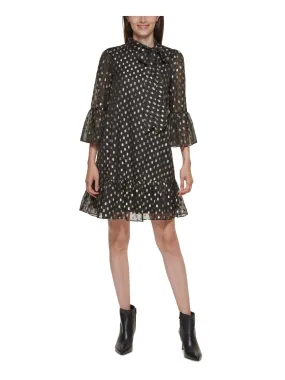 CALVIN KLEIN Womens Black Lined Sheer Tie Ruffled Keyhole Back Polka Dot Bell Sleeve Mock Neck Above The Knee Shift Dress