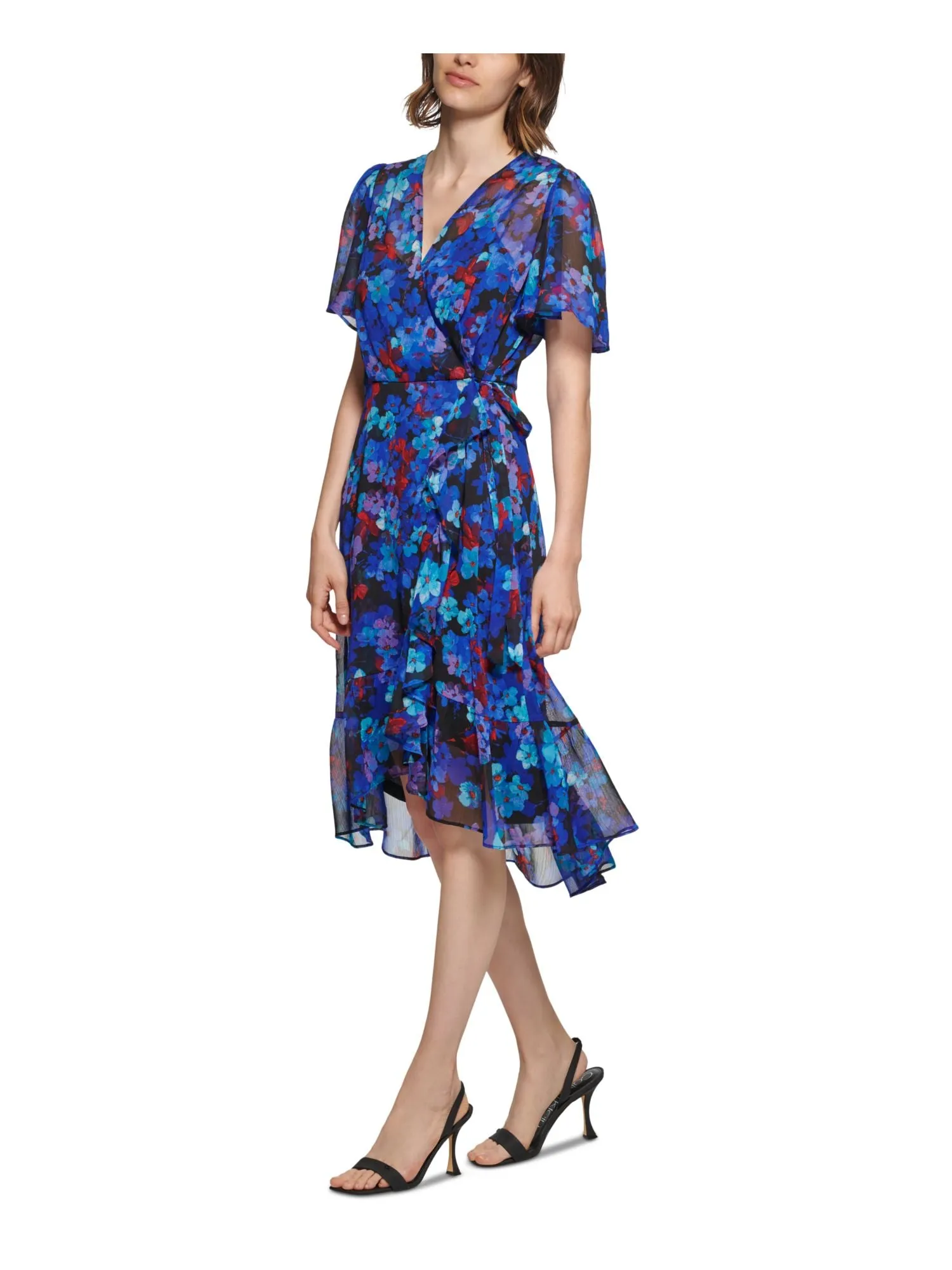 CALVIN KLEIN Womens Black Zippered Lined Sheer Ruffled Floral Flutter Sleeve Surplice Neckline Below The Knee Hi-Lo Dress