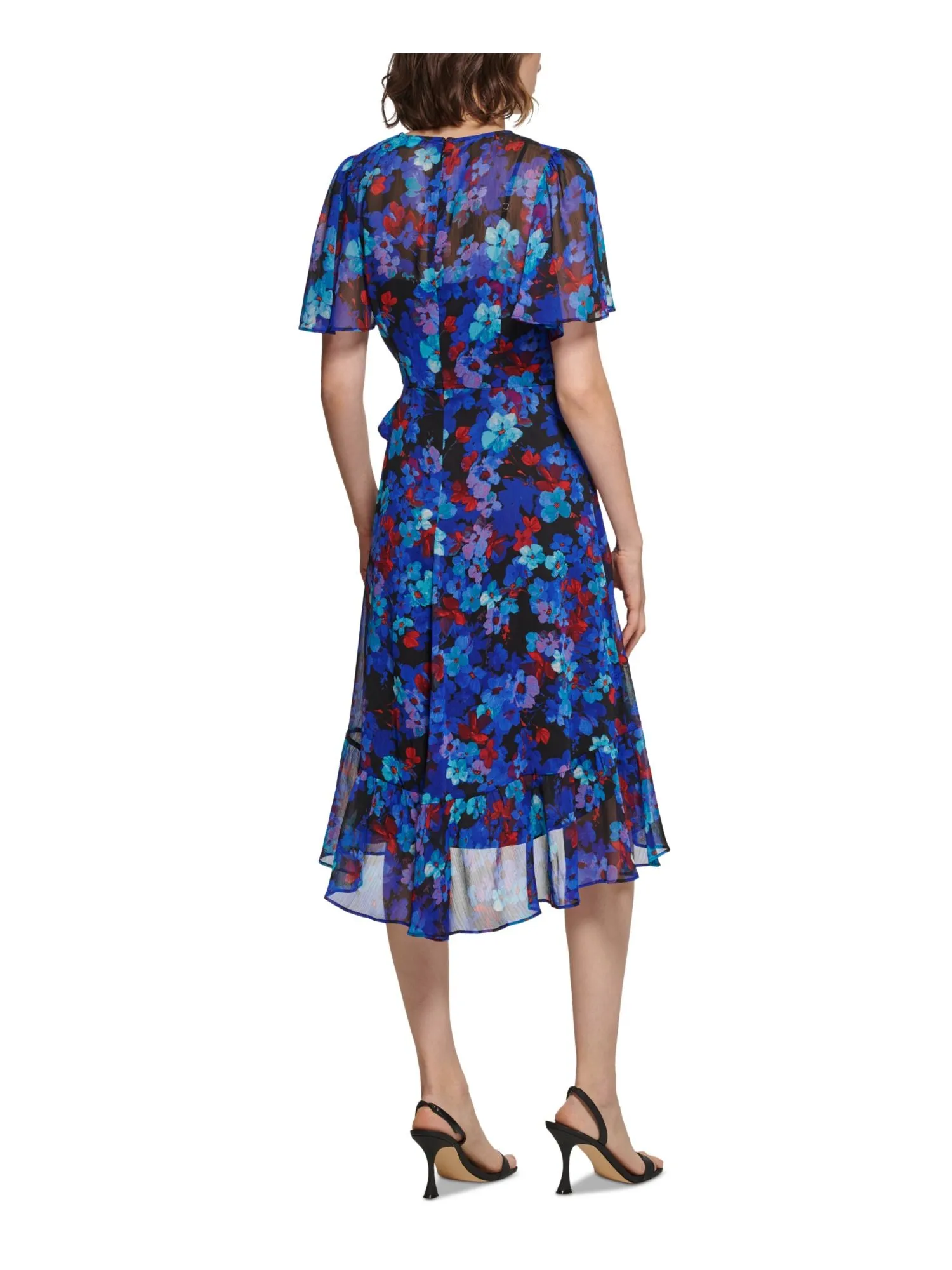 CALVIN KLEIN Womens Black Zippered Lined Sheer Ruffled Floral Flutter Sleeve Surplice Neckline Below The Knee Hi-Lo Dress