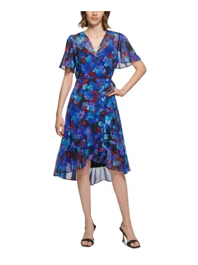 CALVIN KLEIN Womens Black Zippered Lined Sheer Ruffled Floral Flutter Sleeve Surplice Neckline Below The Knee Hi-Lo Dress