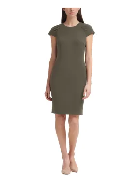 CALVIN KLEIN Womens Green Zippered Ruched Darted Unlined Cap Sleeve Round Neck Above The Knee Wear To Work Sheath Dress