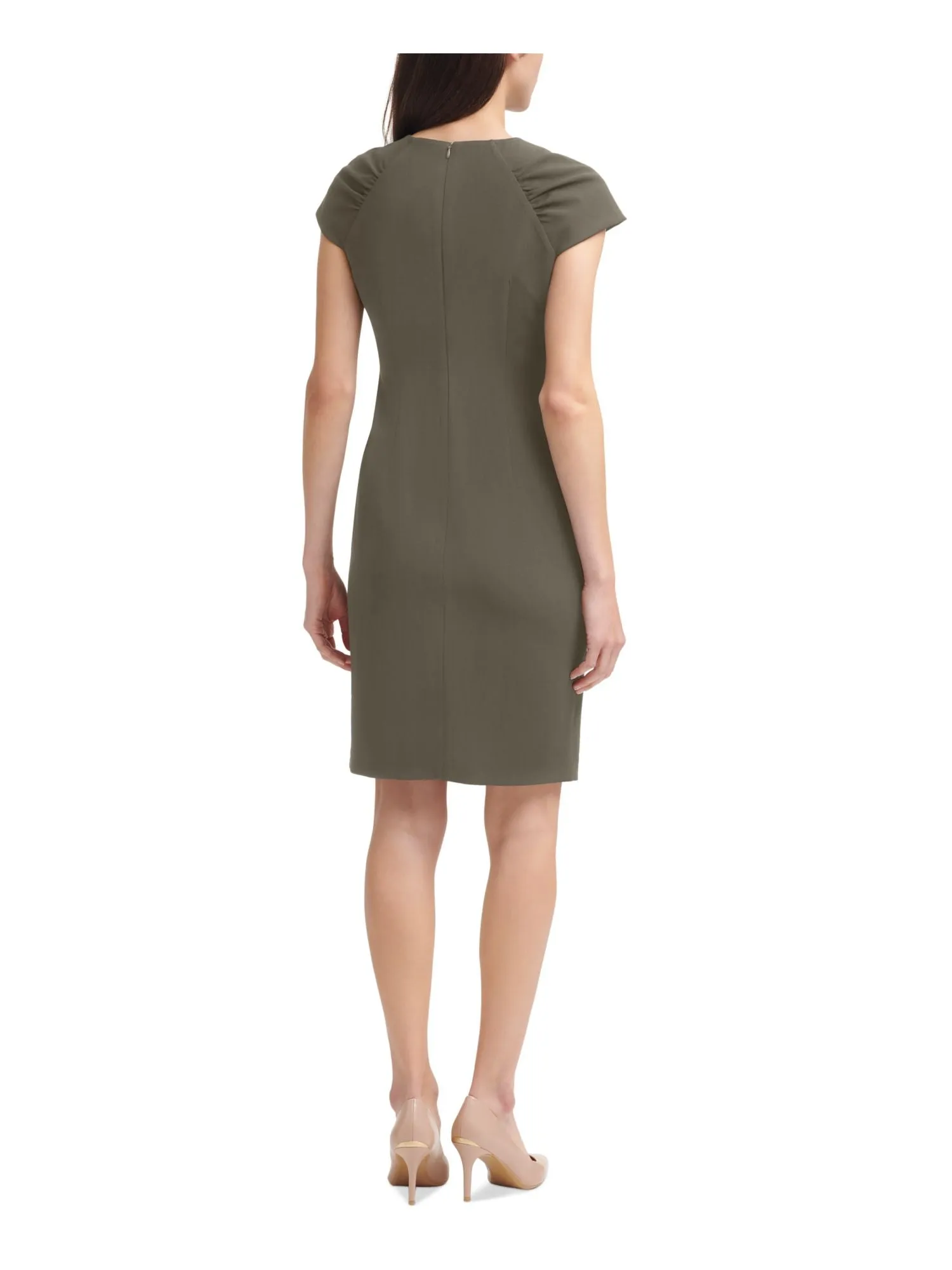 CALVIN KLEIN Womens Green Zippered Ruched Darted Unlined Cap Sleeve Round Neck Above The Knee Wear To Work Sheath Dress