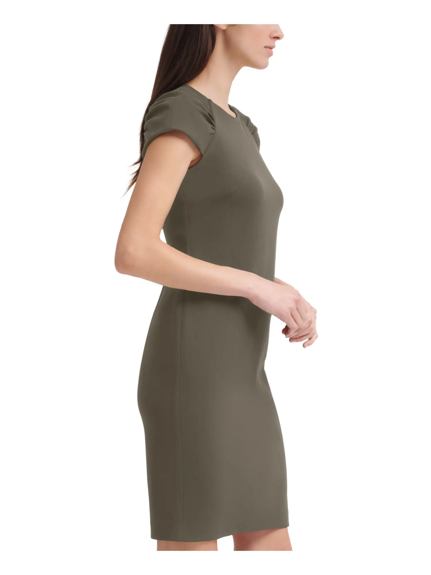 CALVIN KLEIN Womens Green Zippered Ruched Darted Unlined Cap Sleeve Round Neck Above The Knee Wear To Work Sheath Dress