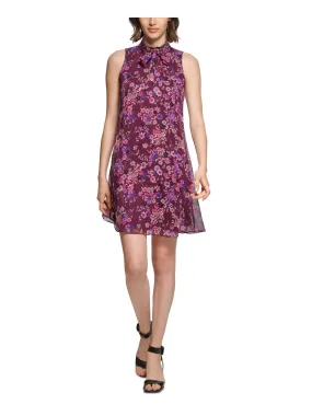 CALVIN KLEIN Womens Purple Tie Zippered Lined Floral Sleeveless Mock Neck Short Party Shift Dress
