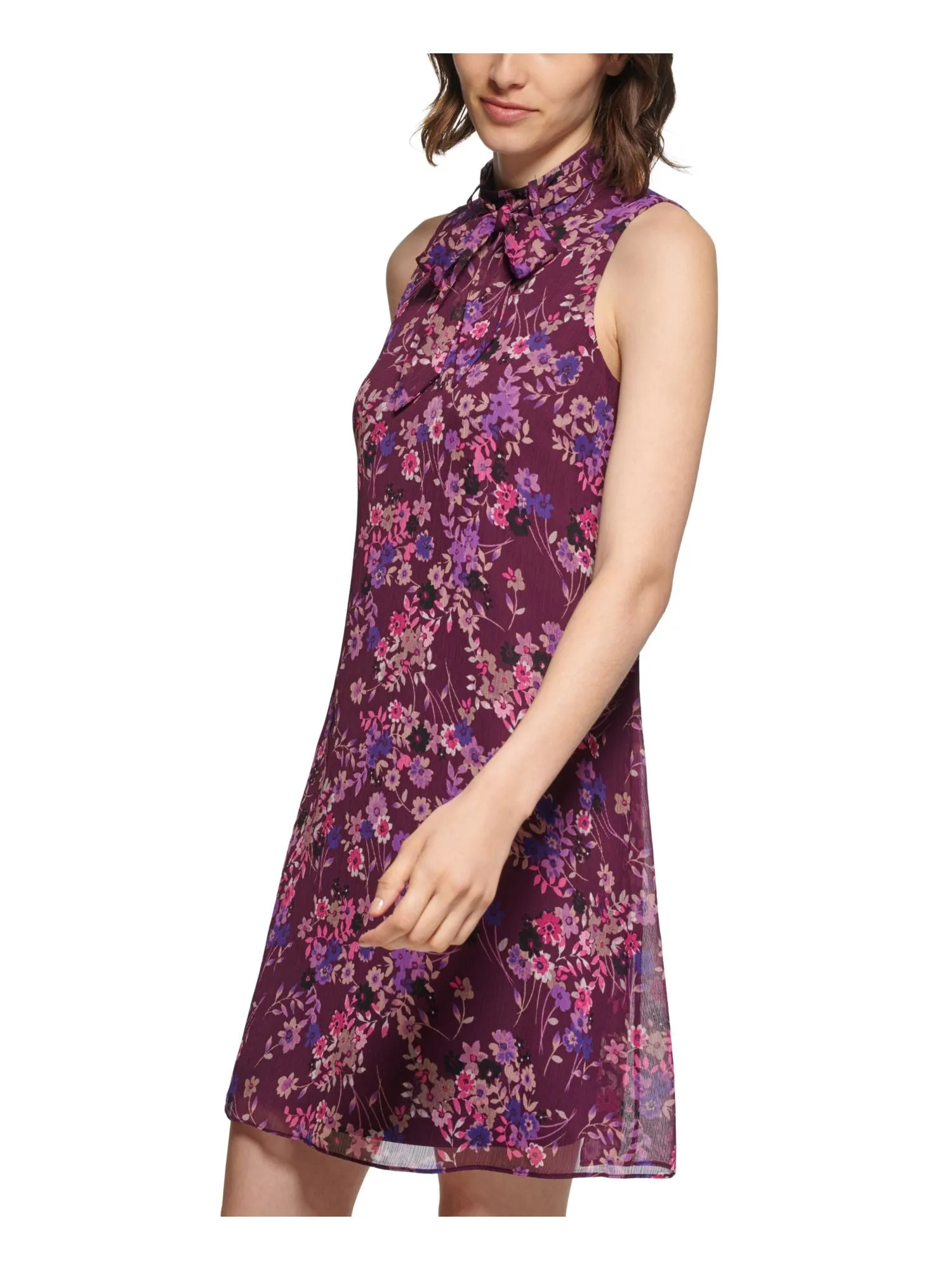 CALVIN KLEIN Womens Purple Tie Zippered Lined Floral Sleeveless Mock Neck Short Party Shift Dress