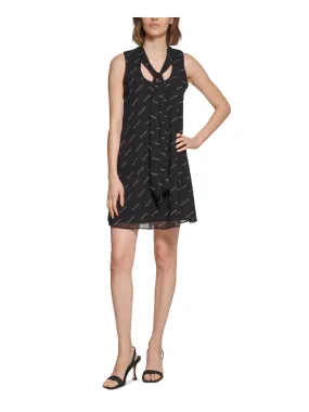 CALVIN KLEIN Womens Sheer Logo Graphic Sleeveless Tie Neck Short Fit   Flare Dress