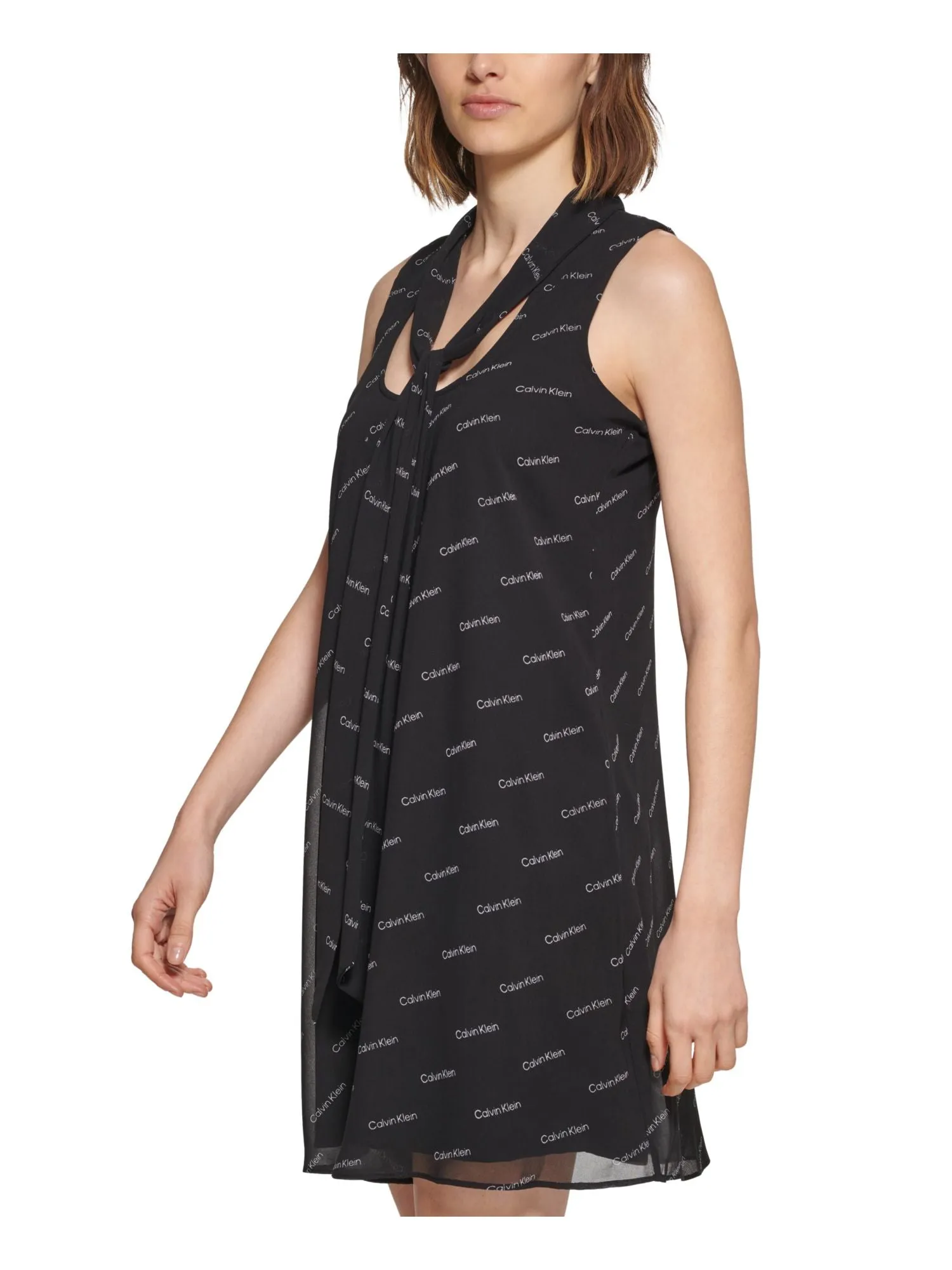CALVIN KLEIN Womens Sheer Logo Graphic Sleeveless Tie Neck Short Fit   Flare Dress