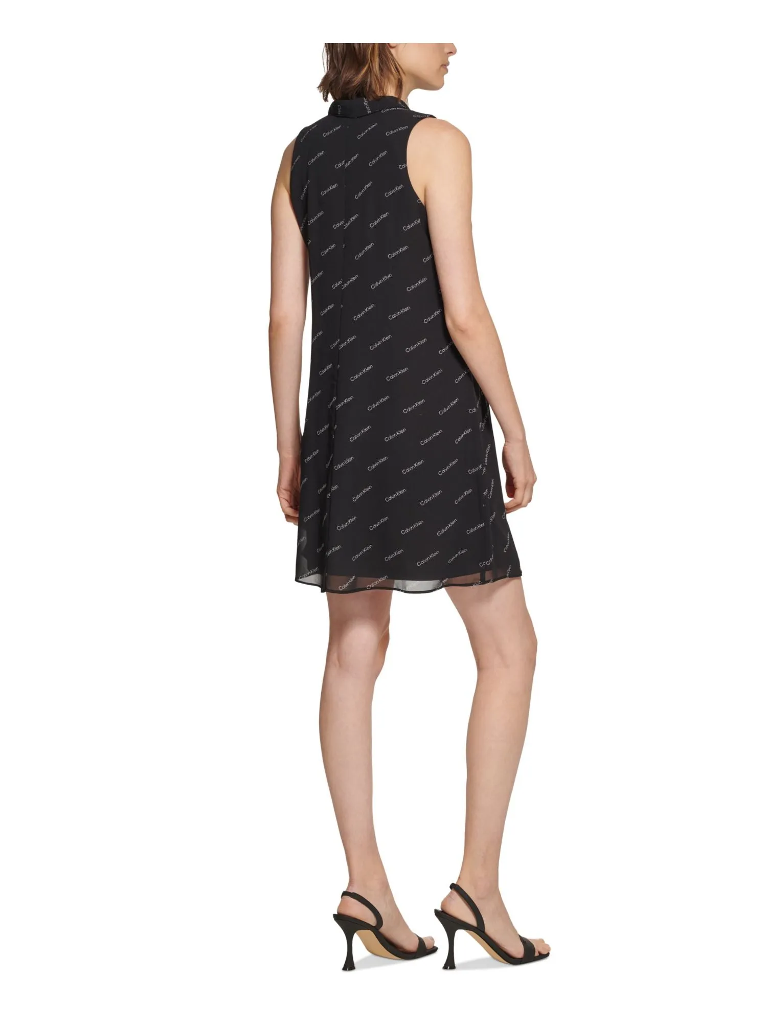 CALVIN KLEIN Womens Sheer Logo Graphic Sleeveless Tie Neck Short Fit   Flare Dress