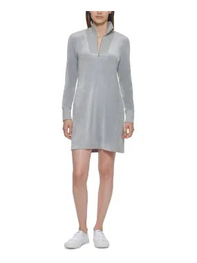 CALVIN KLEIN Womens Stretch Zippered Long Sleeve Stand Collar Above The Knee Shift Dress