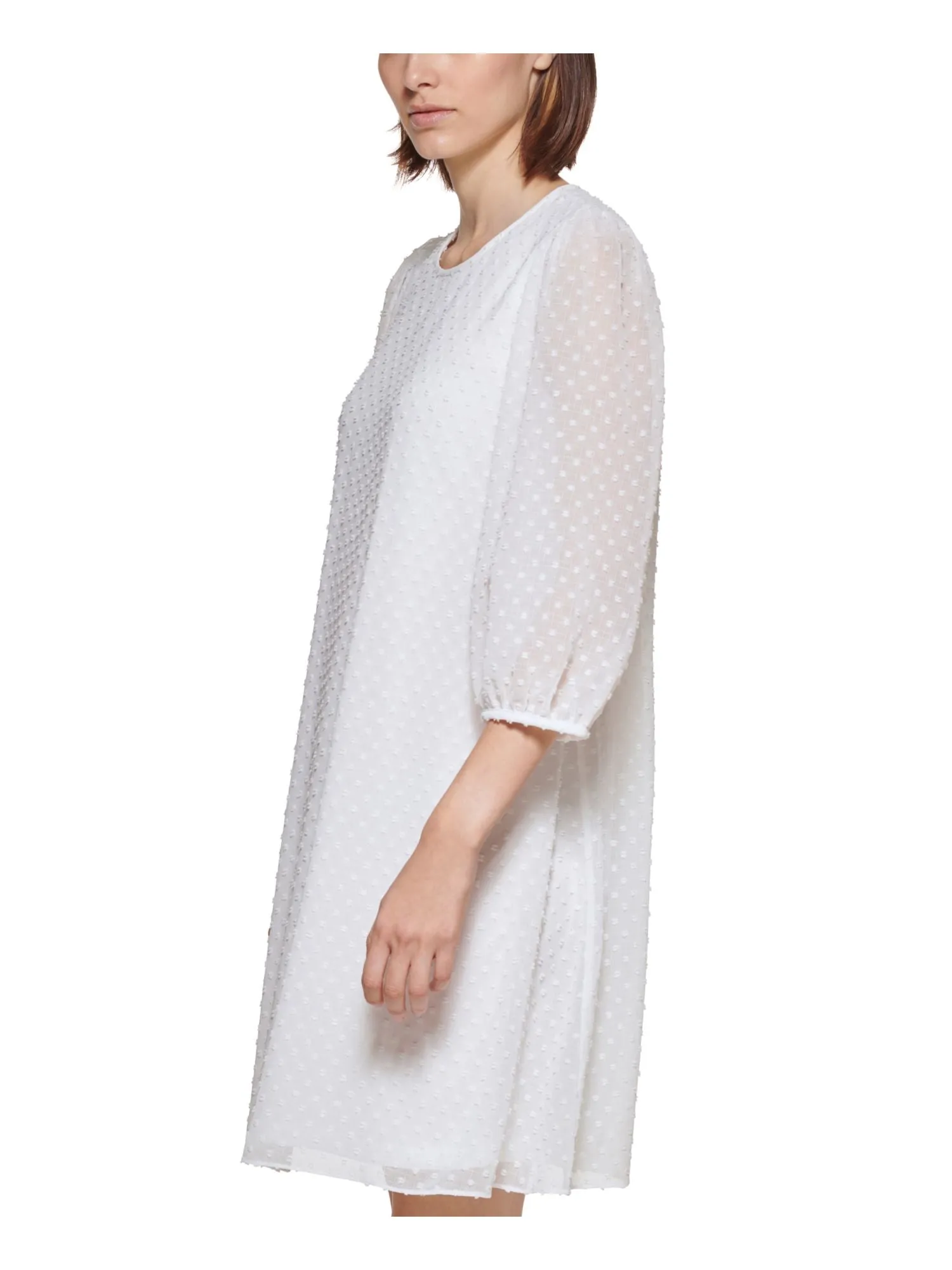 CALVIN KLEIN Womens White Sheer Swiss Dots Keyhole Closure Lined 3/4 Sleeve Round Neck Above The Knee Shift Dress