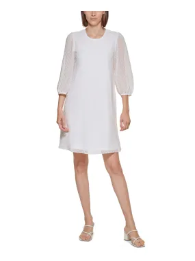 CALVIN KLEIN Womens White Sheer Swiss Dots Keyhole Closure Lined 3/4 Sleeve Round Neck Above The Knee Shift Dress