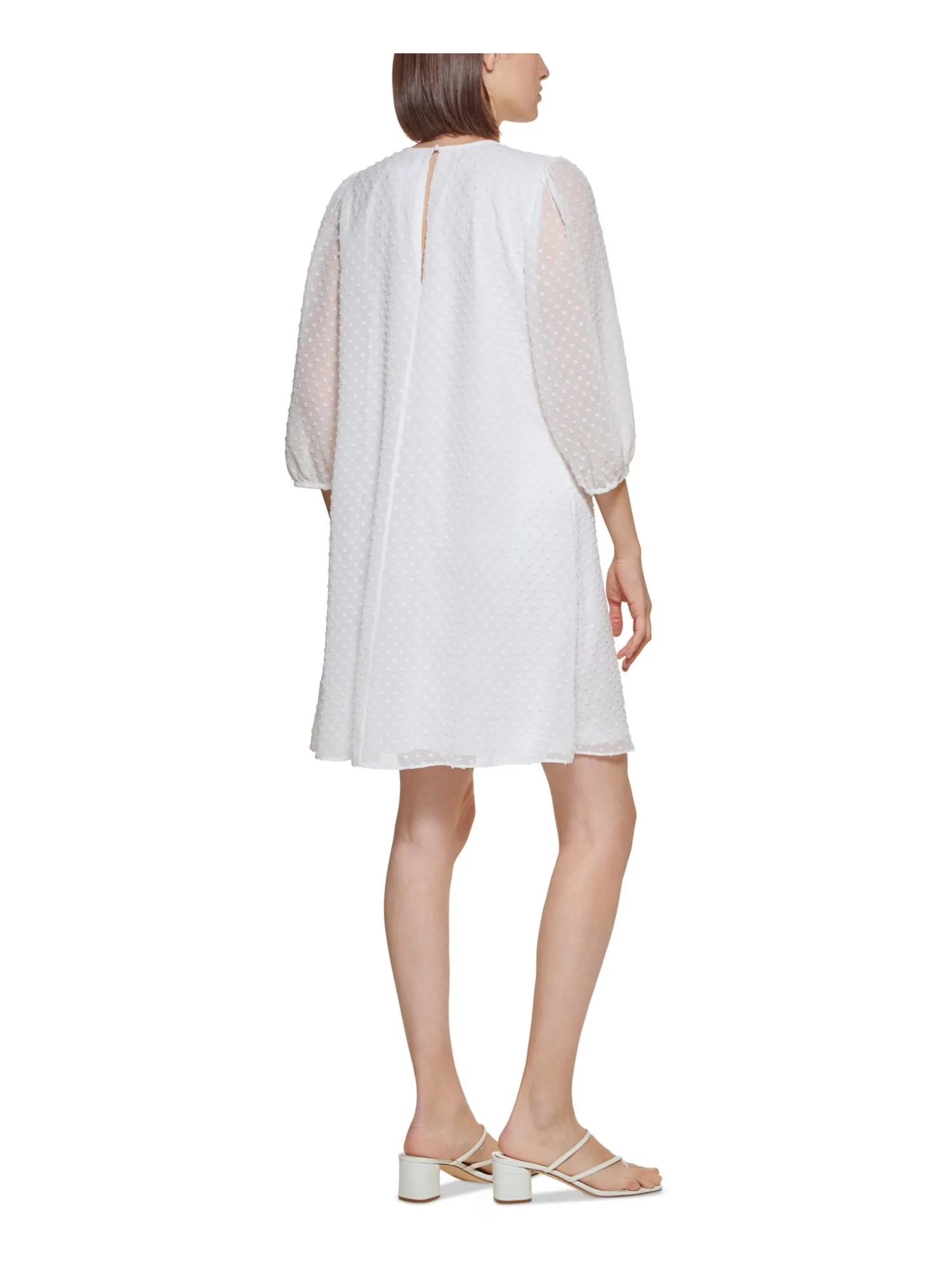 CALVIN KLEIN Womens White Sheer Swiss Dots Keyhole Closure Lined 3/4 Sleeve Round Neck Above The Knee Shift Dress