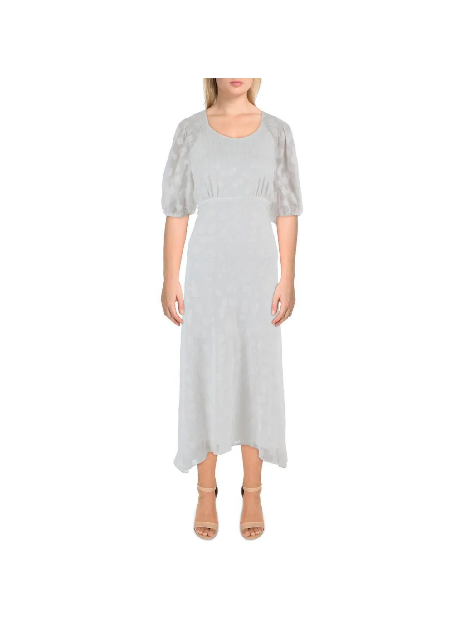 CALVIN KLEIN Womens White Smocked Zippered Sheer Lined Asymmetrical Hem Pinstripe Elbow Sleeve Scoop Neck Maxi Empire Waist Dress