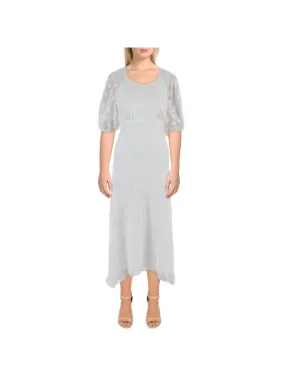 CALVIN KLEIN Womens White Smocked Zippered Sheer Lined Asymmetrical Hem Pinstripe Elbow Sleeve Scoop Neck Maxi Empire Waist Dress
