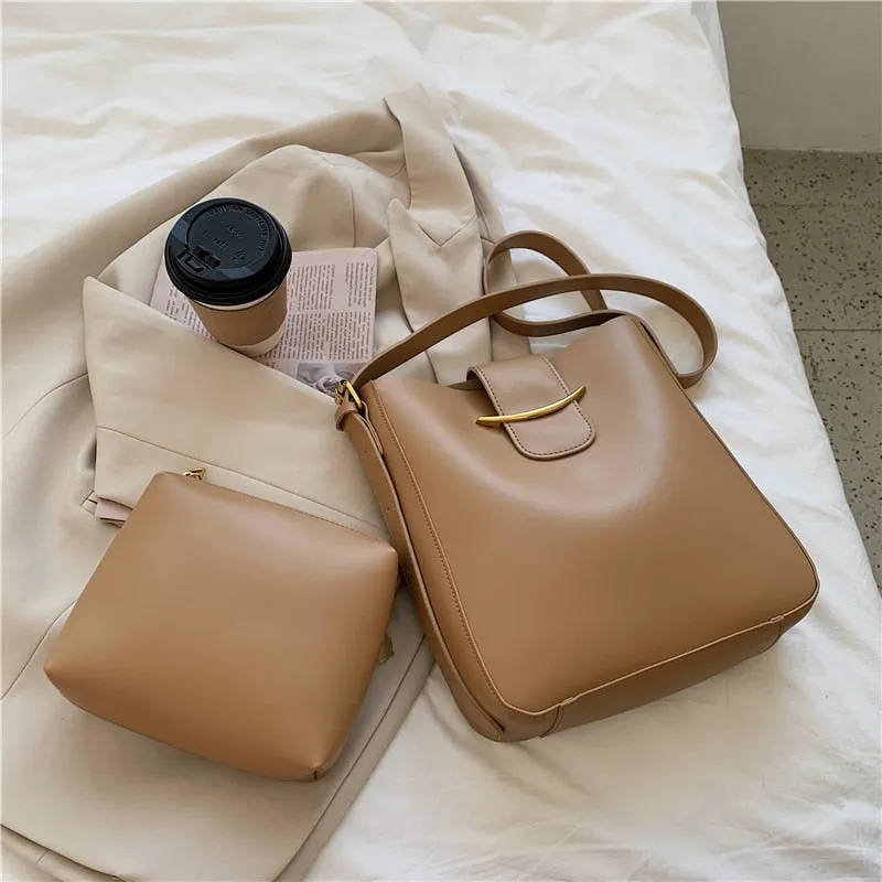 Christmas Gift 2 Pcs/set Vintage Simple Small PU Leather Bucket Crossbody Bags For Women 2021 Designer Lady Luxury Black Shoulder Handbags