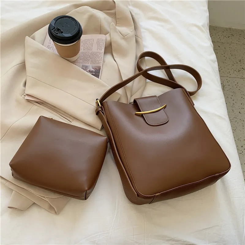 Christmas Gift 2 Pcs/set Vintage Simple Small PU Leather Bucket Crossbody Bags For Women 2021 Designer Lady Luxury Black Shoulder Handbags