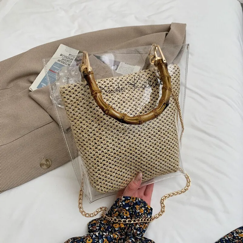 Christmas Gift с доставкой Bamboo Knot Design Handle Transparent Straw Crossbody Bags for Women 2021 Summer Chain Shoulder Handbags Totes