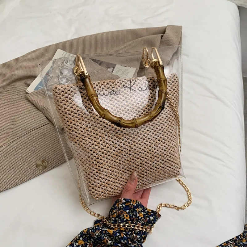 Christmas Gift с доставкой Bamboo Knot Design Handle Transparent Straw Crossbody Bags for Women 2021 Summer Chain Shoulder Handbags Totes