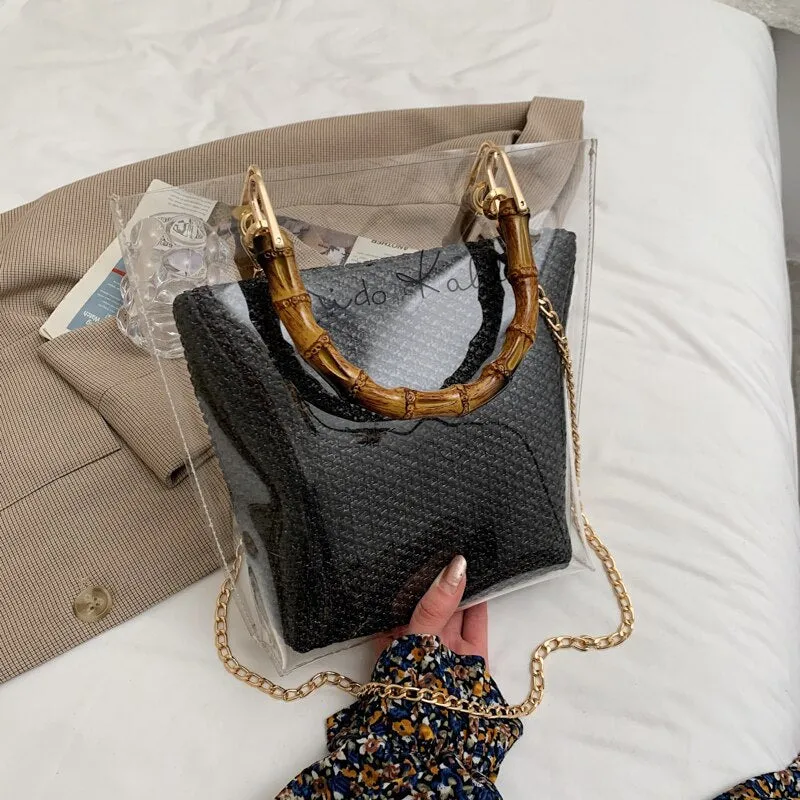 Christmas Gift с доставкой Bamboo Knot Design Handle Transparent Straw Crossbody Bags for Women 2021 Summer Chain Shoulder Handbags Totes