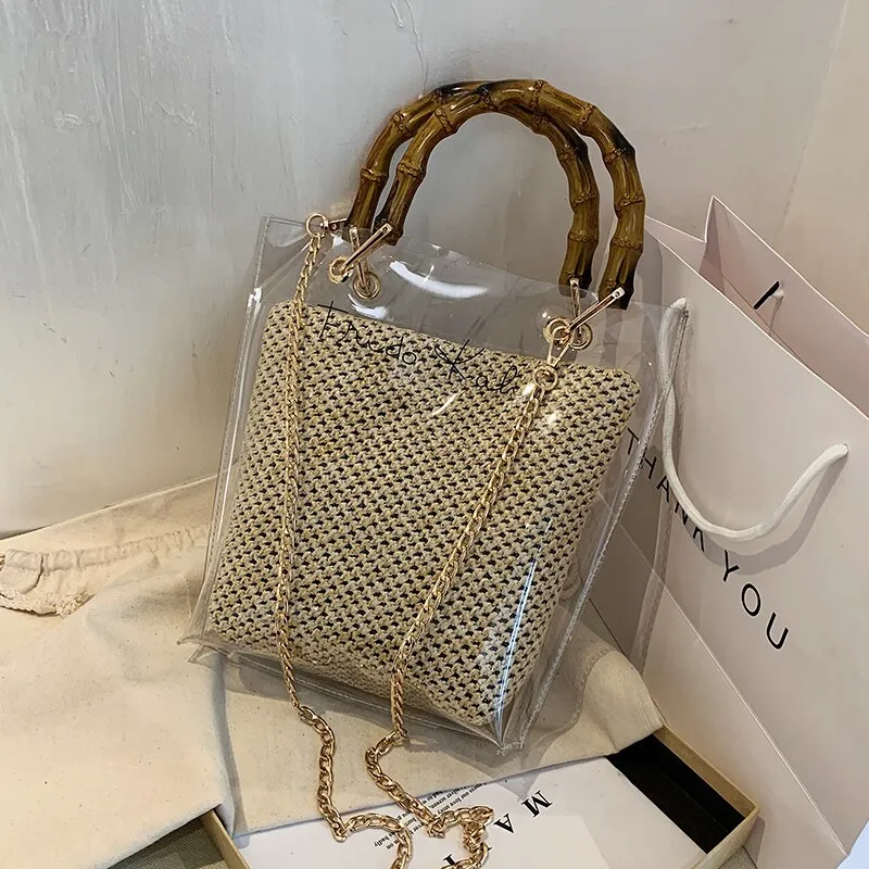 Christmas Gift с доставкой Bamboo Knot Design Handle Transparent Straw Crossbody Bags for Women 2021 Summer Chain Shoulder Handbags Totes