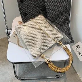 Christmas Gift с доставкой Bamboo Knot Design Handle Transparent Straw Crossbody Bags for Women 2021 Summer Chain Shoulder Handbags Totes