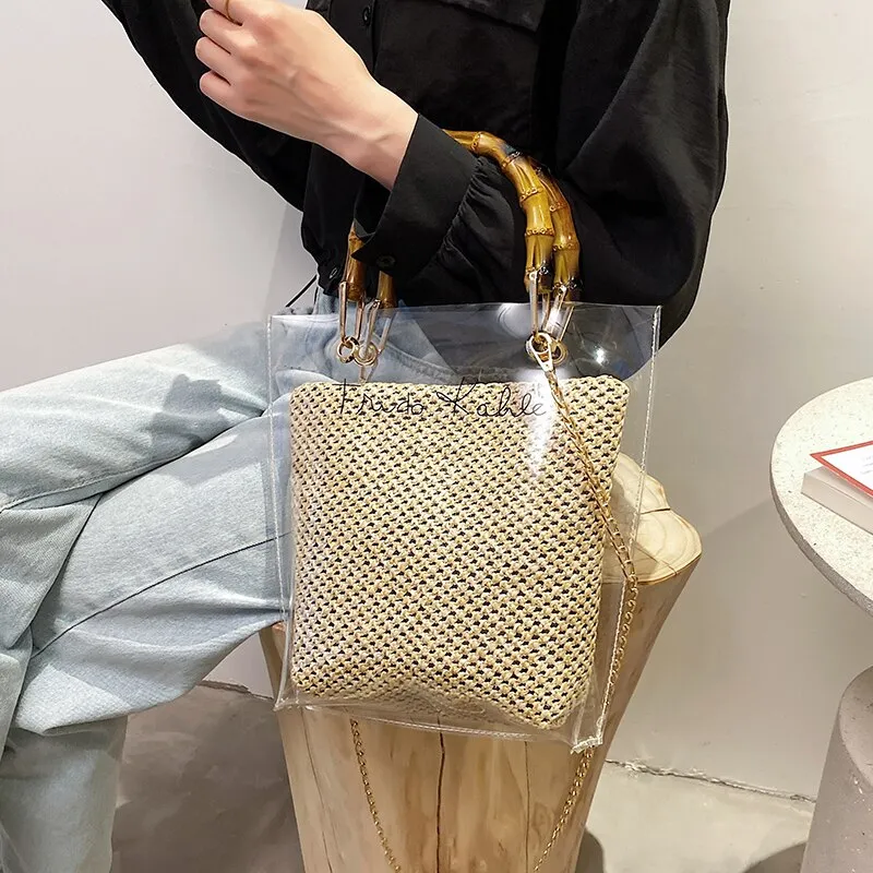 Christmas Gift с доставкой Bamboo Knot Design Handle Transparent Straw Crossbody Bags for Women 2021 Summer Chain Shoulder Handbags Totes