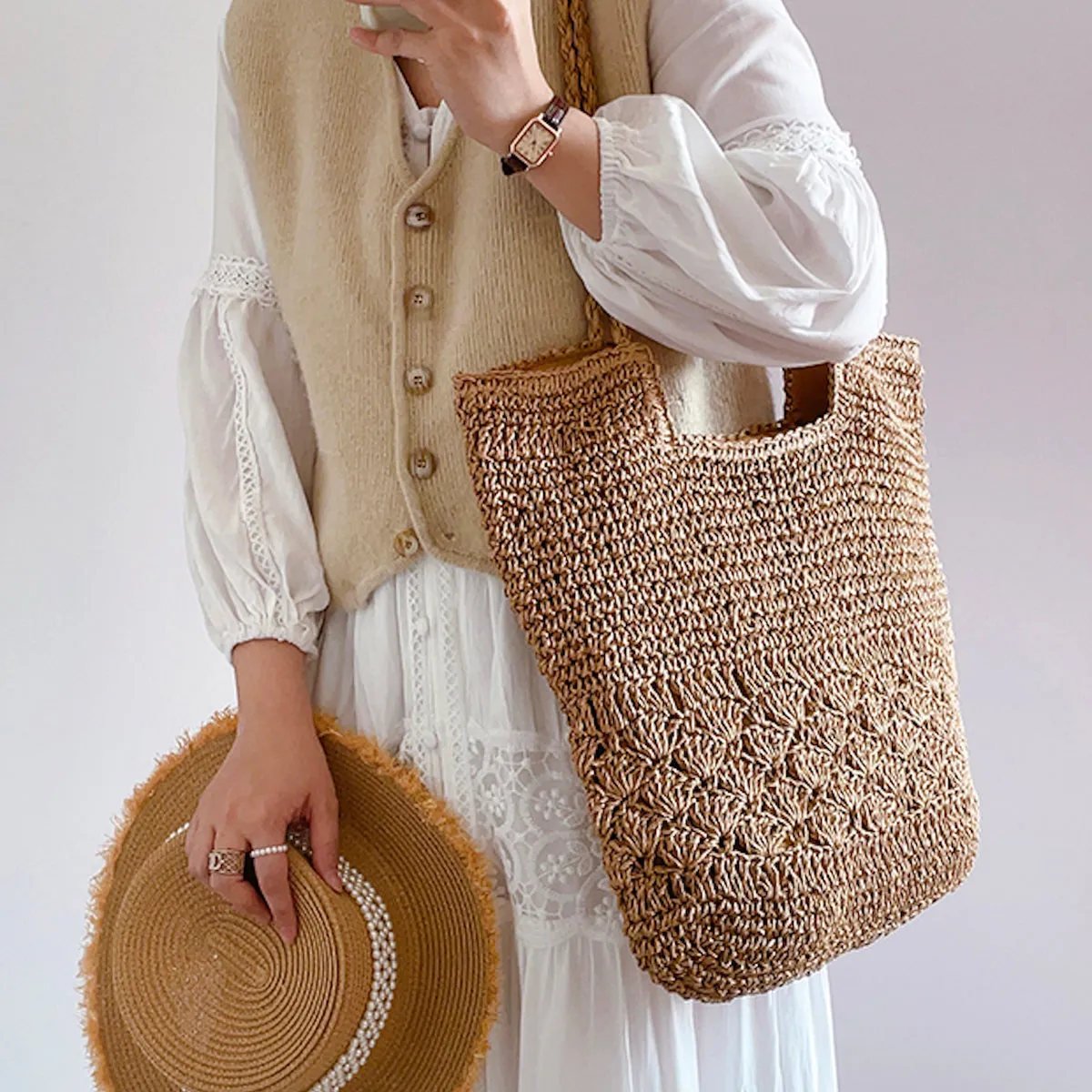 Elena Handbags Large Beach Straw Woven Tote
