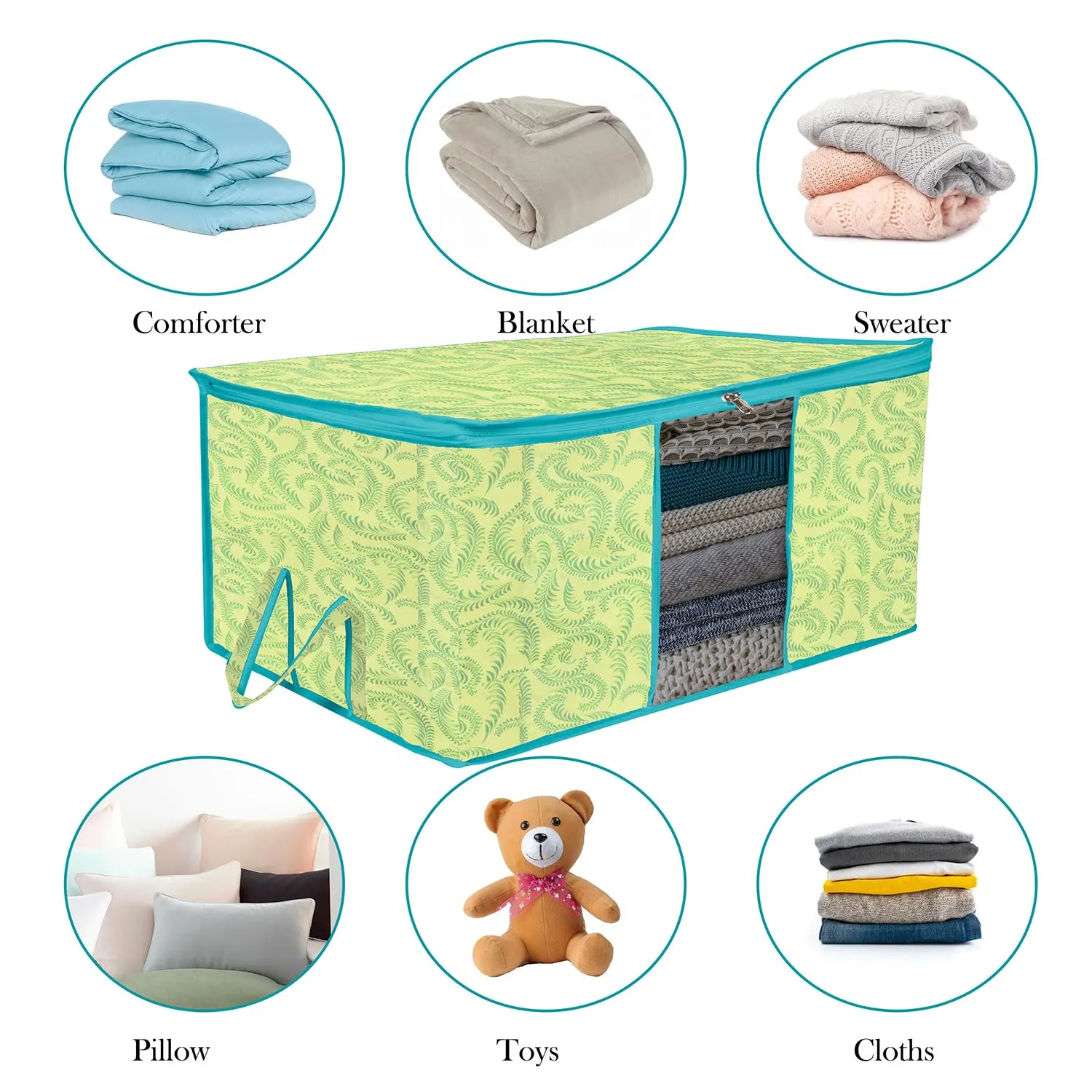 Heart Home Underbed Storage Bag | Clothes Storage Organizer | Blanket Cover with Clear Window | Zipper Closure & Handle Cloth Organizer | Leaf-Design | Large | Pack of 6 | Green