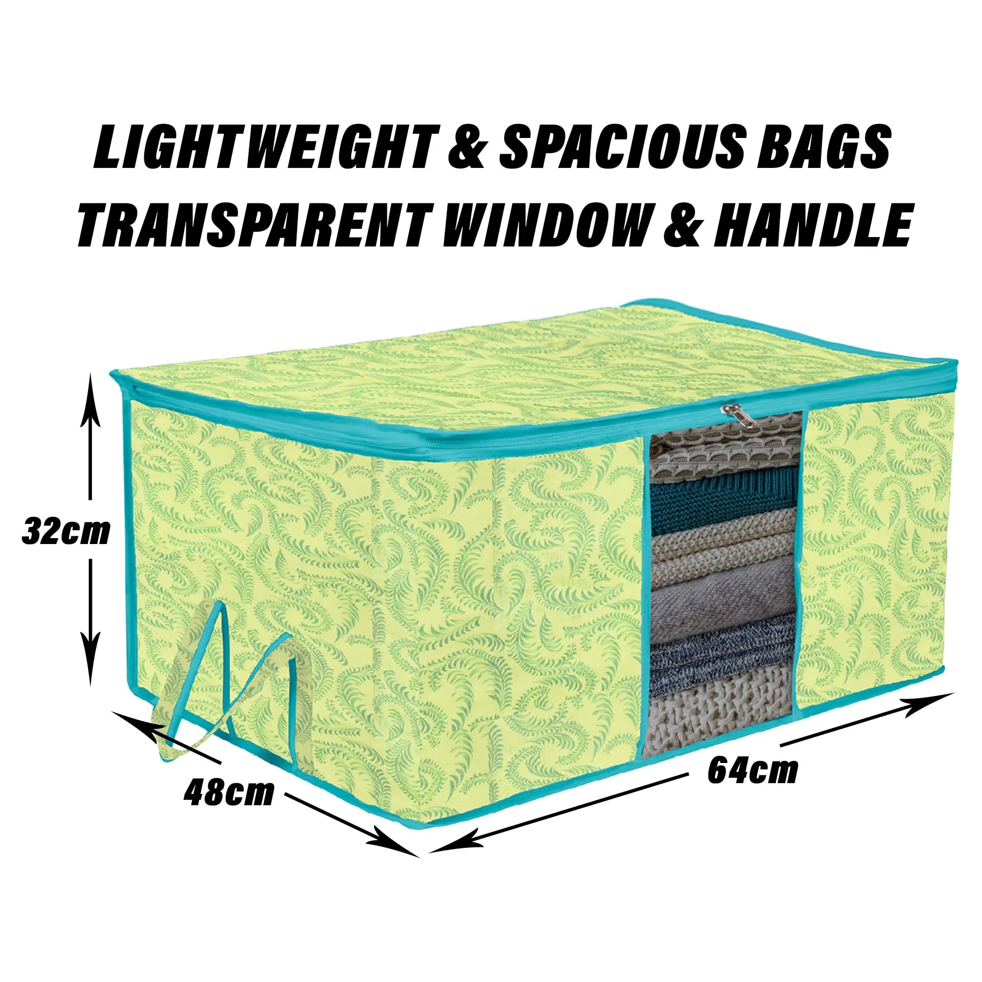 Heart Home Underbed Storage Bag | Clothes Storage Organizer | Blanket Cover with Clear Window | Zipper Closure & Handle Cloth Organizer | Leaf-Design | Large | Pack of 6 | Green
