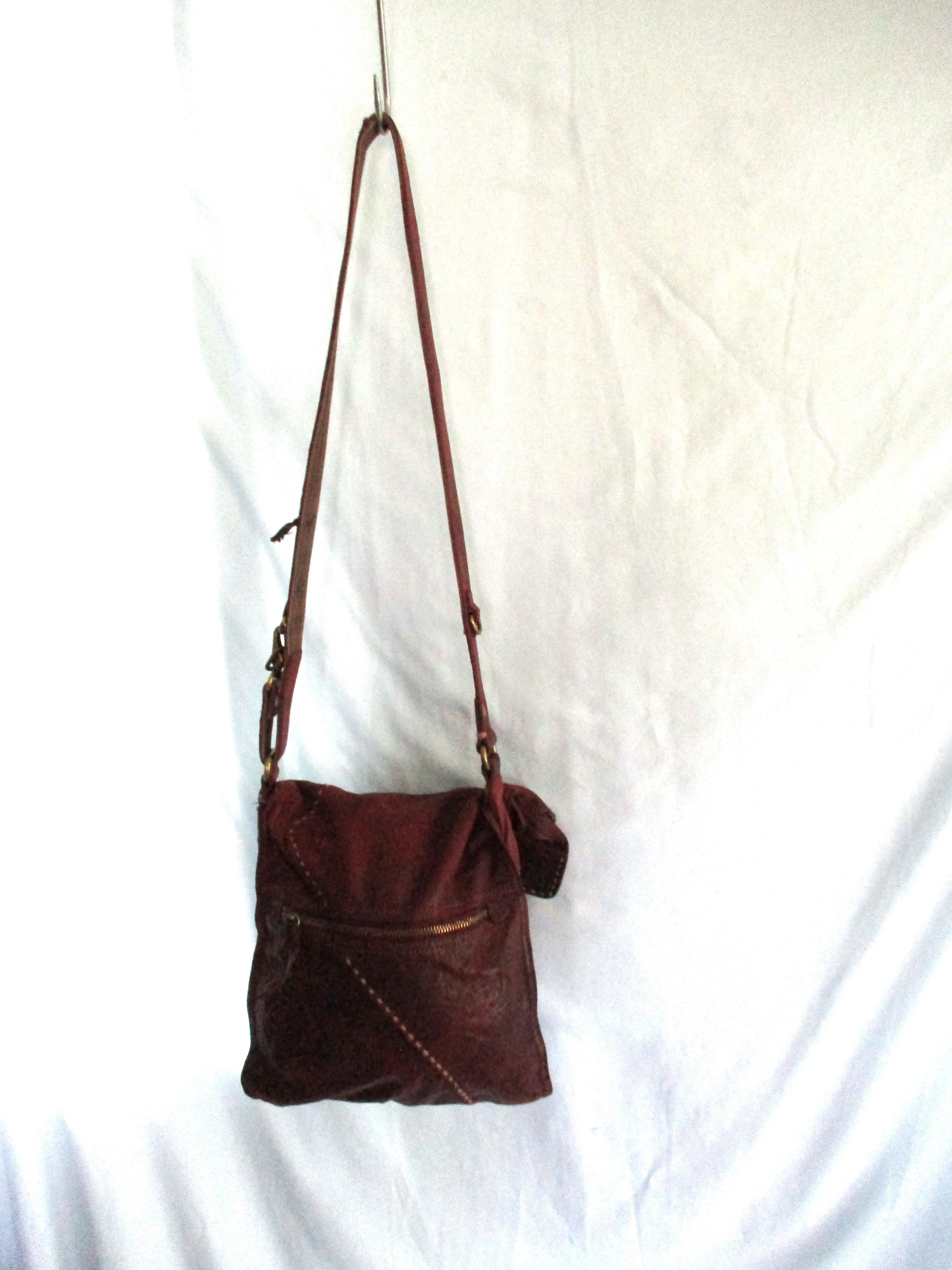 LUCKY BRAND stitched hobo satchel shoulder saddle bag BROWN distressed