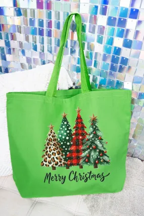 Mixed Print Trees Merry Christmas Canvas Jumbo Tote