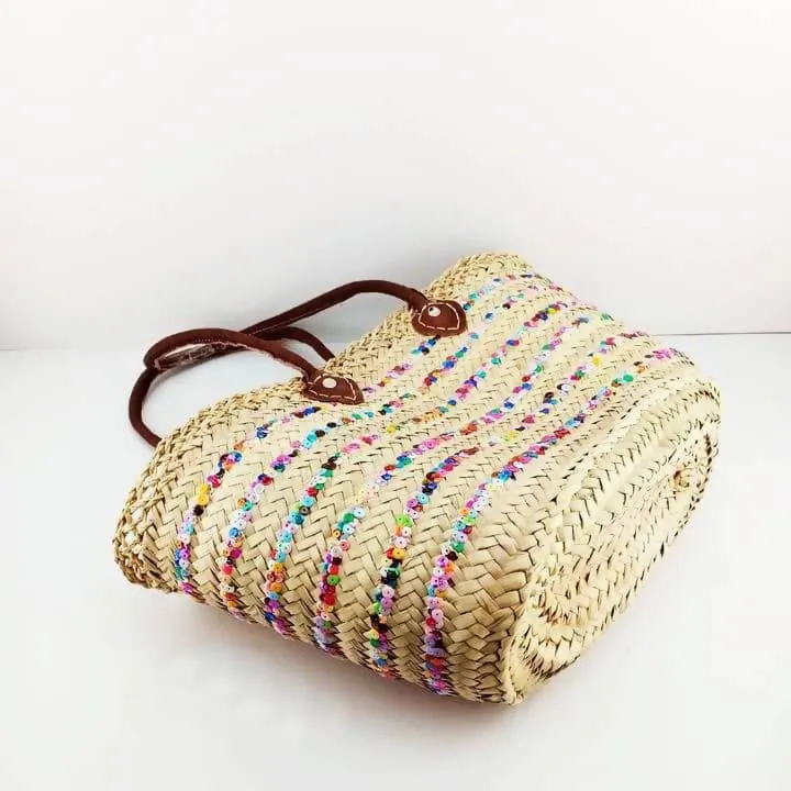 Moroccan Straw Bag Covered With Multicolored Sequins