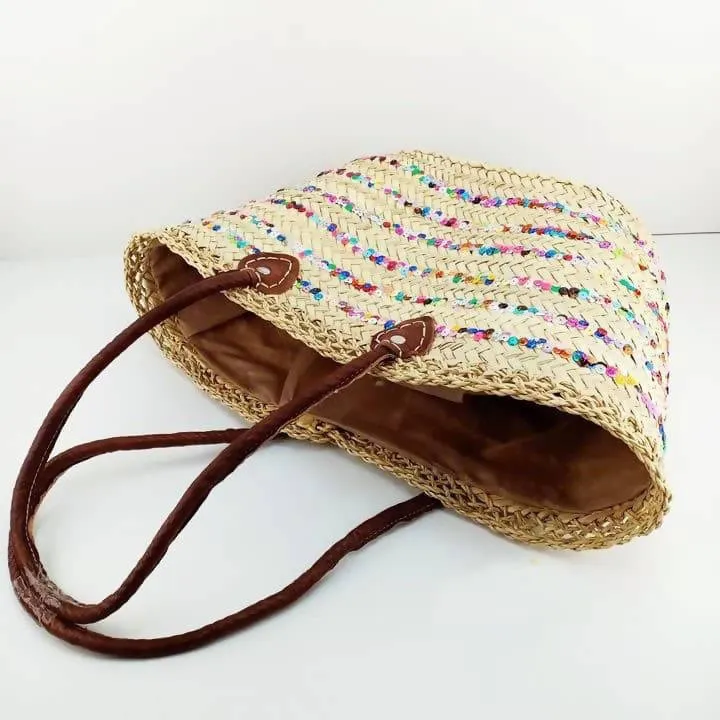 Moroccan Straw Bag Covered With Multicolored Sequins