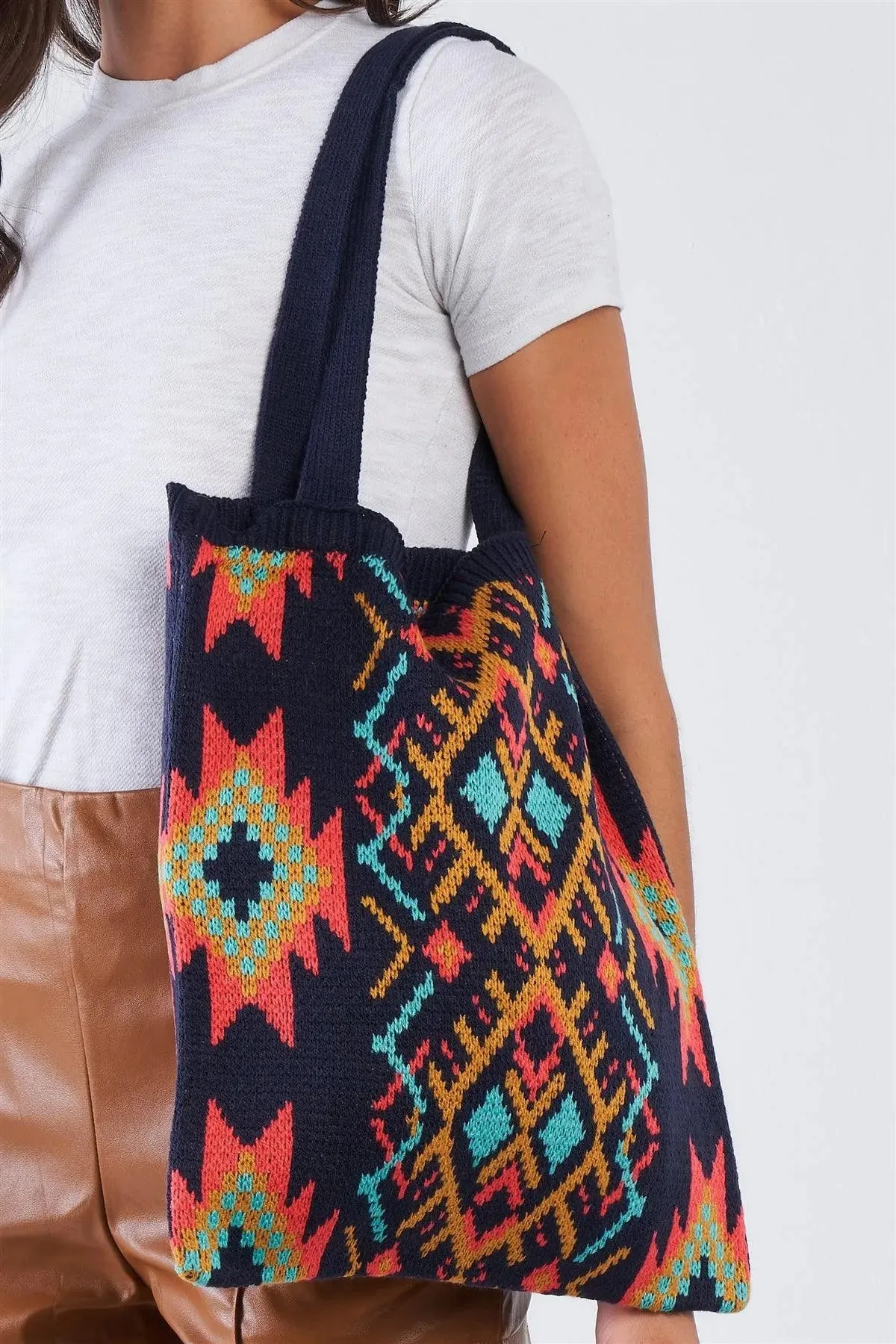 Navy Multi-Colored Tribal Print Knit Boho Tote Bag /3 Bags