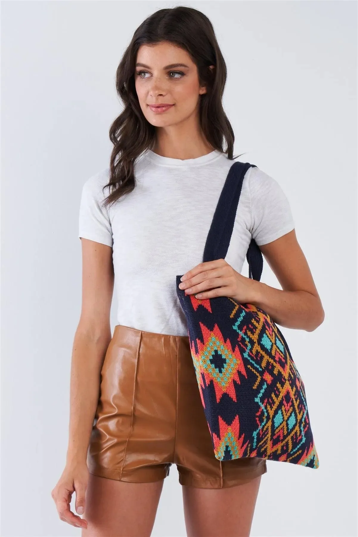 Navy Multi-Colored Tribal Print Knit Boho Tote Bag /3 Bags