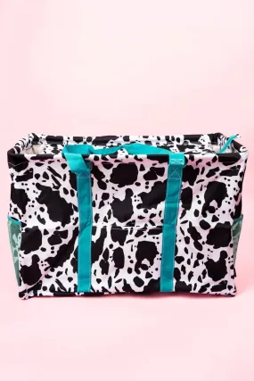 NGIL Deja Moo with Turquoise Trim Collapsible Double Haul-It-All Basket with Mesh Pockets and Lid